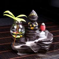 Creative Purple Sand Sun Wukong Smoke Backflow Incense Burner Monkey Ceramic Incense Stick Holder Censer with Glass Bottle